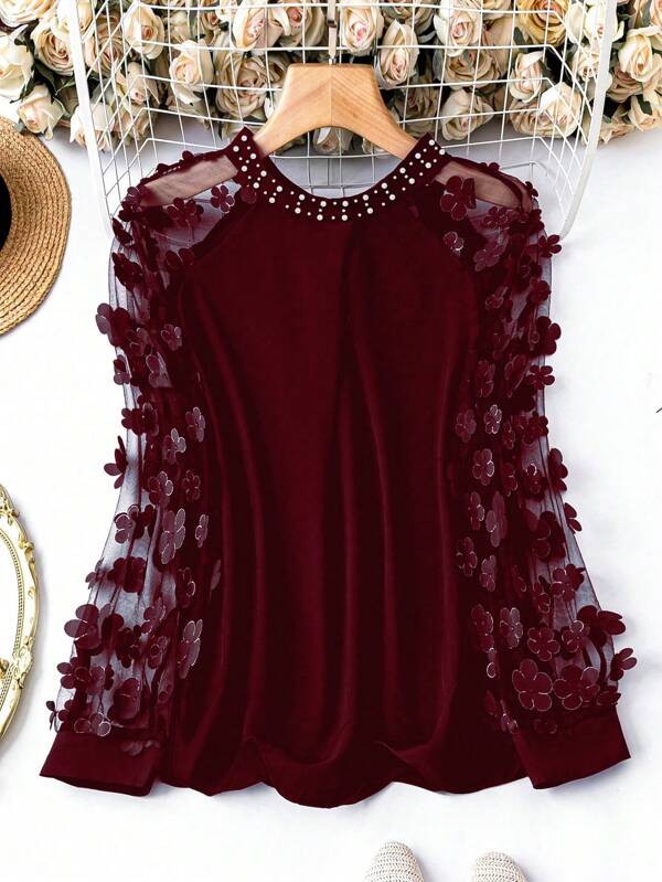 SHEIN Clasi Damen Große Größen Bluse mit Blumen Kontrast Mesh Raglanärmeln, Elegante Bluse