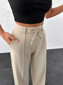 EURMUSE 优质正面褶裥和假抽绳细节阔腿裤 - 米色 - 查看 7