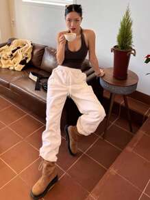 DAZY Women's Summer Solid Color Slim Fit Halter Neck Tank Top - Coffee Brown - View 3