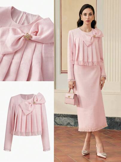 ZEYLAH 女士褶饰蝴蝶结拉链后背夹克，带流苏下摆，适合情人节穿着，轻质粗花呢面料，春夏