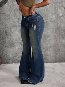 SHEIN ICON Jeans casuales y versátiles con bolsillo y efecto desgastado para mujer