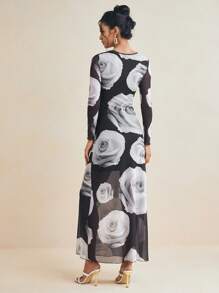 HANNA ALEKSANDRA Designer Black & White Rose Printed Mesh Elegant Dress, Concert Outfit, Wedding Prom Dress, Rave - Black and White - View 3
