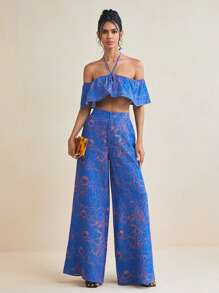 JIAN LASALA Quần nữ màu xanh dương phong cách Boho in họa tiết hoa lá, thắt nút, xoắn, thích hợp mặc đi nghỉ mát mùa hè. - Màu xanh lam - Xem 2
