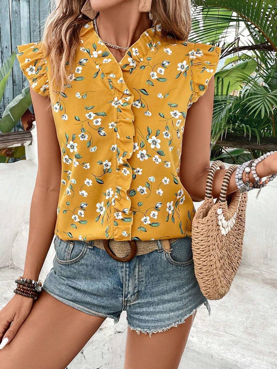 SHEIN LUNE 女士度假花卉印花盖袖休闲衬衫 - 黃色 - 查看 1