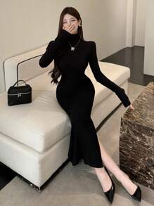 DAZY Women's Spring Fall Solid Color High Neck Long Sleeve Side Split Hem Long Fitted Elegant Dress - Black - View 2