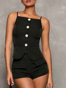 Glamine Regata com Botões Decorativos para Mulheres, para Uso Diário na Primavera e Verão - Preto - Visão 8