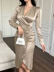 xheDAZY Vestido de manga abullonada con cuello en V, plisado y abertura lateral de unicolor de longitud media para mujeres, vestidos formales para mujeres, vestido largo de manga larga para otoñoxhe - Albaricoque - Ver 4