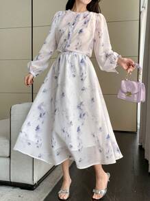 DAZY 2 Stück/Set Damen Blume Muster Rundhals Puffärmel Bluse mit Gürtel & Rock, Herbst Damenkleidung - Blau - Übersicht 4