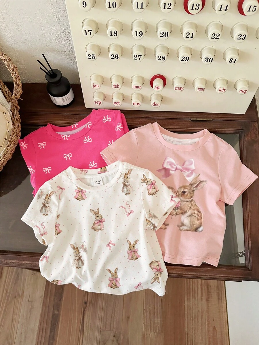 SHEIN 3pcs Baby Girl Cute Bow & Rabbit Print Retro Style Round Neck Short Sleeve T-Shirts, Casual & Minimalist, Suitable For Spring/Summer - Multicolor - View 1