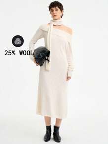 Aalyst Women Casual Asymmetric Collar Solid Color Knitted Sweater Dress, Autumn/Winter