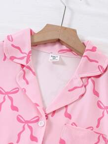 青少年女孩蝴蝶结印花短袖开衫和短裤两件套休闲睡衣套装 - 粉色 - 查看 8