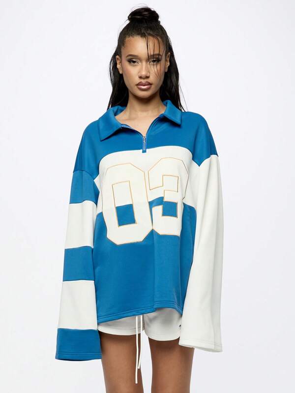SUMWON WOMEN Bluză de rugby supradimensionată, design color block, hanorac cu guler pe jumătate cu fermoar, mânecă lungă, stil atletic, stil Varsity, casual, streetwear, toamnă-iarnă, sport pulover