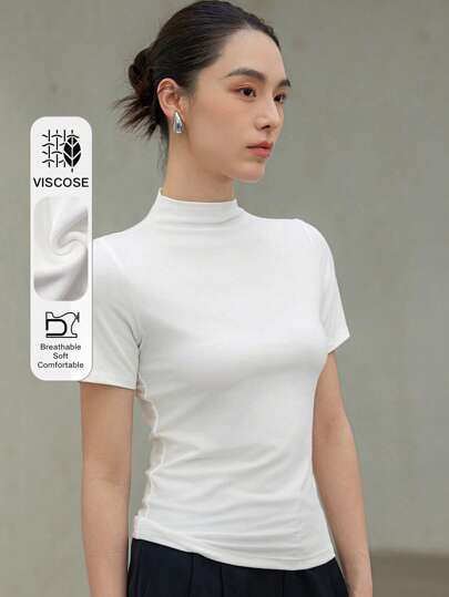 Women Half-Turtleneck Form Fitting Solid Color Simple Short Sleeve T-Shirt Business Casual Women