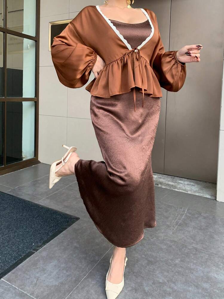 2pcs/Set Women Contrast Lace Trim Splice Chiffon Cami Dress & Ruffle Hem Fish Tail Skirt Suits