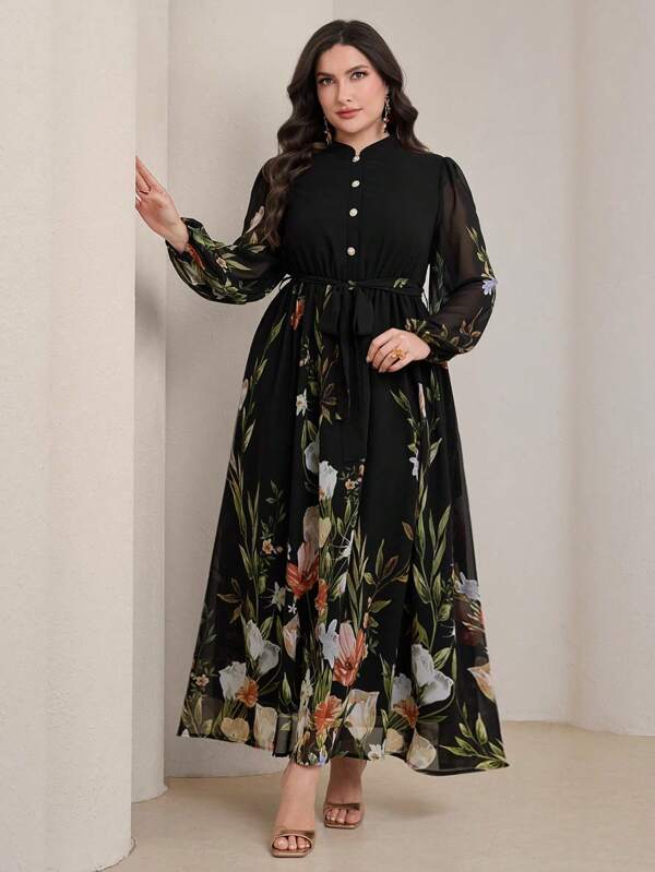 Modelyn Plus Size Women's Stand Collar Lantern Sleeve High-End Floral Print Chiffon Dress, Elegant, Slimming, Waist-Defined, Romantic