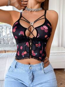 1 buah Bra Seksi Wanita Motif Bunga dengan Panel Jala dan Tali di Depan - MultiWarna - View 3
