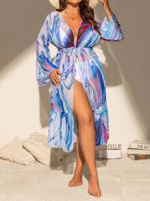 Swim Lushoire Plus Size Women's Printed Marble Pattern Long Sleeve Long Dress, Beach Cover-Up Essential For Summer - Blue - View 4