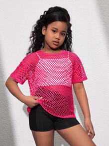 SHEIN Leap Crew Tween Girl Mesh Knit Loose Drop Shoulder Casual Short Sleeve Cover-Up Tee - Hot Pink - View 5