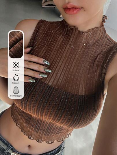 DAZY 女士立领闪光短款上衣 外出上衣 节日背心 透明