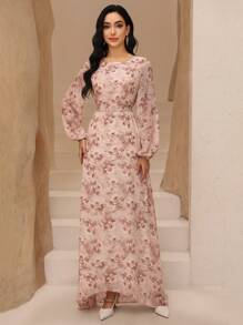 Graceveil Women's Chiffon Printed Round Neck Lantern Sleeve Cinched Waist Waist Romantic Elegant Dress,Modest - Pink - View 6