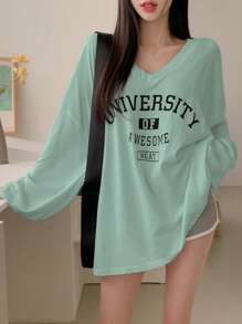 DAZY 女士春夏季休閒V領寬鬆長袖T恤，有字母印花 - 綠色 - 查看 6