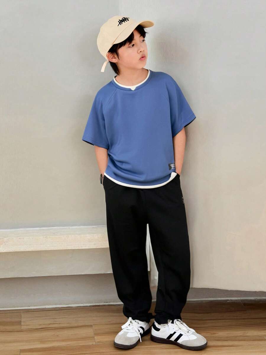 SHEIN Tween Boys Casual 2 In 1 T-Shirt And Sweatpants Set, Suitable For Boys Outfit Sets - Dusty Blue - View 1