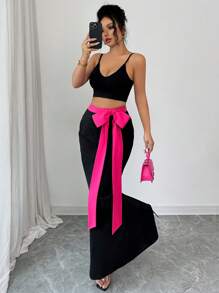 Elenzga Falda midi recta de cintura alta elegante con acento de lazo y contraste de color, versátil para el trabajo y el día a día
