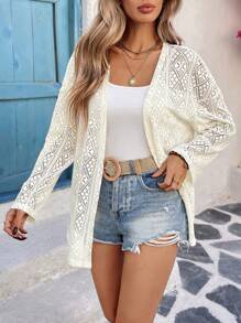 Breezaya Chaqueta con encaje calado, de manga larga, de corte holgado y ligera, para mujer, ideal para primavera/verano, uso casual o de vacaciones/viaje
