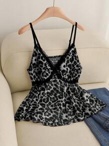 Elaquor 大码豹纹蕾丝拼接可调节肩带背心 - 黑色 - 查看 1
