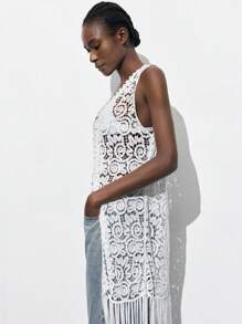 Maija Women's Summer Beach Vacation Hollow Out Tassel Hem Sleeveless Knitted Cardigan
