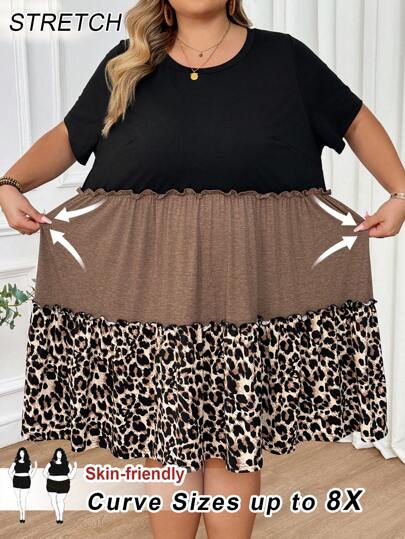 SHEIN CURVE+ Vestido con falda de muñeca, de varios volantes y estampado de leopardo, para mujer de talla grande