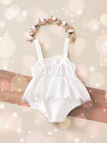 SHEIN Leap Crew Newborn Baby Girl Cute White Ruffled Strap Bodysuit, Summer - White - View 2