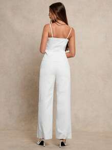 Glamine 女士优雅工作服吊带背心和开衩下摆纽扣西装裤办公室套装，纯白色，两件套 - 白色 - 查看 2