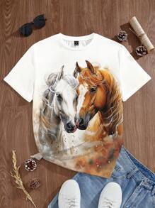 Manfinity RSRT Men's Fashion Casual Vacation Watercolor Painting Realistic Horse Print Fitted T-Shirt, Suitable For Summer Outdoor Party Wear, Couples, Family Matching Top, Great Gift For Boyfriend