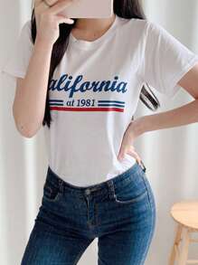 DAZY 字母图案圆领 T 恤 夏季 - 白色 - 查看 3