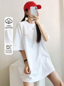 Cartoon Print Drop Shoulder Tee Oversized T-Shirt - White - View 1