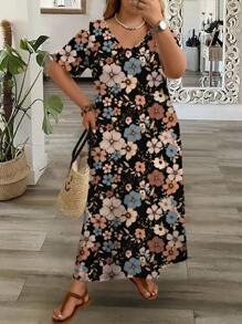 EMERY ROSE Đầm tay ngắn cổ chữ V thường ngày cỡ lớn dành cho nữ, phù hợp cho mùa hè - màu đen - Xem 7