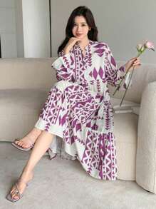 DAZY Rochie tip cămașă cu imprimeu lejer și mânecă trei sferturi, cu volane, rochie de toamnă, rochie maxi cu mânecă lungă - Violet - Vizualizare 10