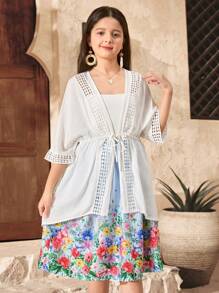 SHEIN Tween Girls Plain Woven White Drawstring Relaxed Kimono Top, Vacation Bohemian Music Festival Style