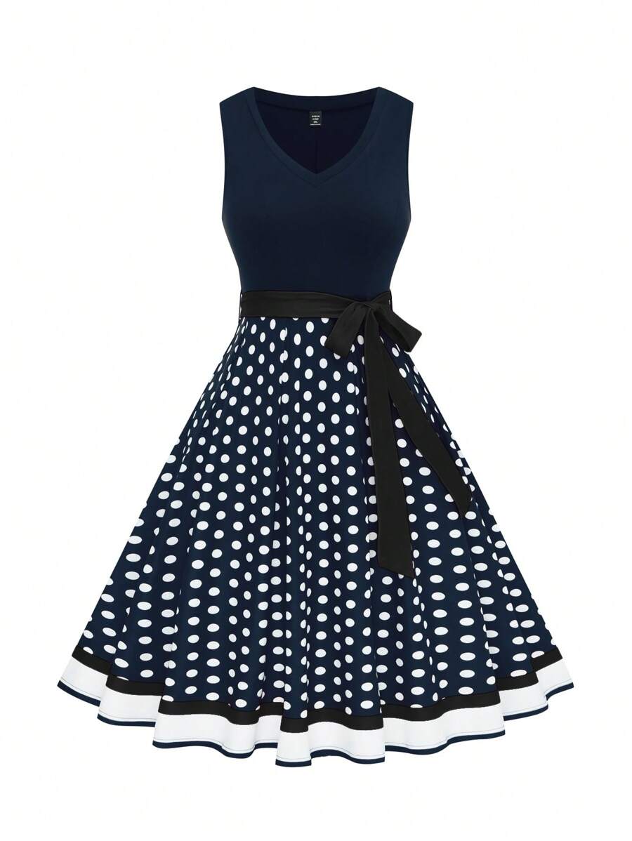 SHEIN Clasi Women Plus Size Short Sleeve Knitted Polka Dot Color Block Mini Dress Maxi Women Outfit - Multicolor - View 1