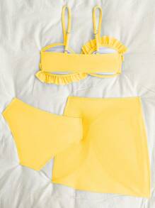 青少年女孩纯色分体泳衣套装，含胸罩上衣、三角泳裤和罩衫裙，青少年女童泳衣，小女孩服装，夏季小女孩泳衣，小女孩连体泳衣，小女孩泳衣夏季两件套