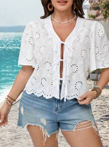 SHEIN VCAY Plus Size White Eyelet Embroidery Short Sleeve Shirt With Bowknot And Front Tie, Romantic Date Cute Blouse, Valentine, Summer Top. Going Out Tops, Cute Tops, Country Concert, White Tops, Wedding Guest