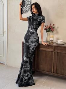 EastFlair Women's Stand Collar Short Sleeve Hollow Back Chinese Dragon Print Long  Elegant Wedding Date Dress Chinese Style Patterns