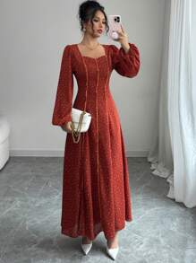 Mulvari Vestido largo de estilo árabe de manga larga y cuello en V simple para mujer