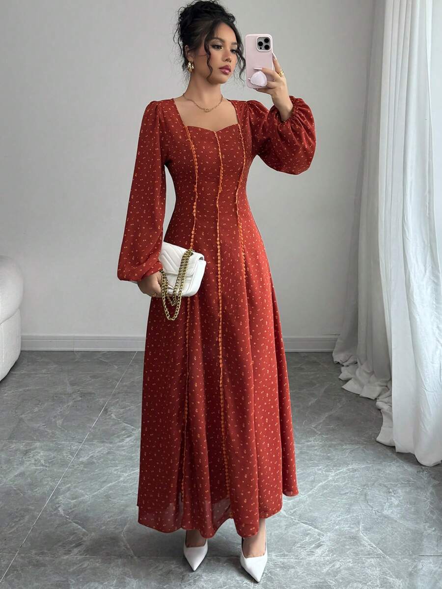 Modelyn 女式 V 领长袖简约长款阿拉伯风格连衣裙 - 棕色 - 查看 1