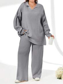 EURMUSE 2pcs/Set Solid Color Turn-Down Collar Sweater And Long Pants Outfit - Light Grey - View 1