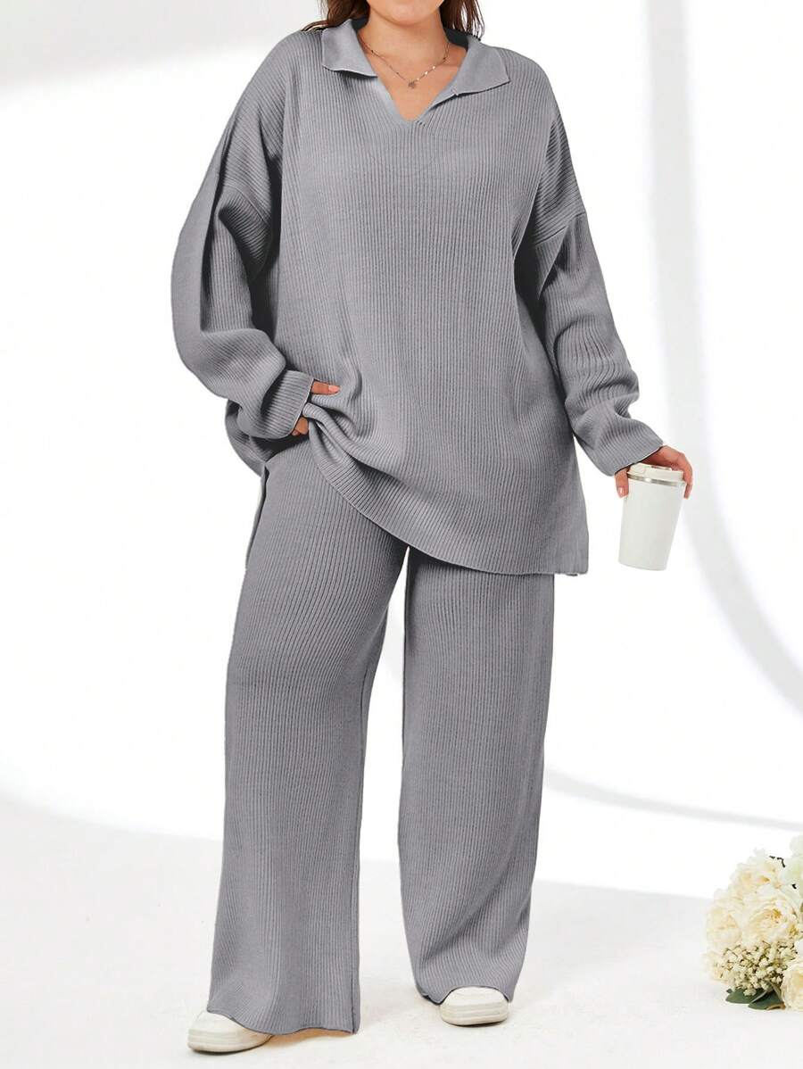 EURMUSE 2pcs/Set Solid Color Turn-Down Collar Sweater And Long Pants Outfit - Light Grey - View 1