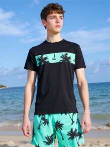 SHEIN Teen Boy Swimwear. Top With Fixed Printing, Bottom With Random Printing. Summer Holiday Boys Teen Swim Set - Boys Swim Trunks With Rash Guard UPF50+ 2 Piece Bathing Suits With Shorts Swimsuit Set