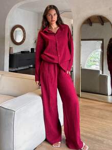 Cloudara Naturally Crinkle Fabric Long Sleeve Shirt & High Elastic Waist Straight Fit Pant Casual Outfit