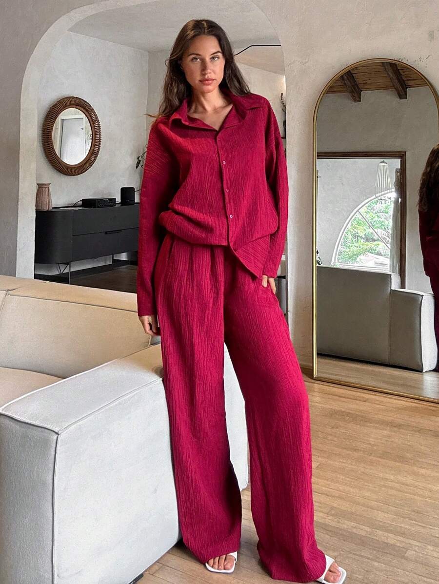 Cloudara Naturally Crinkle Fabric Long Sleeve Shirt & High Elastic Waist Straight Fit Pant Casual Outfit
